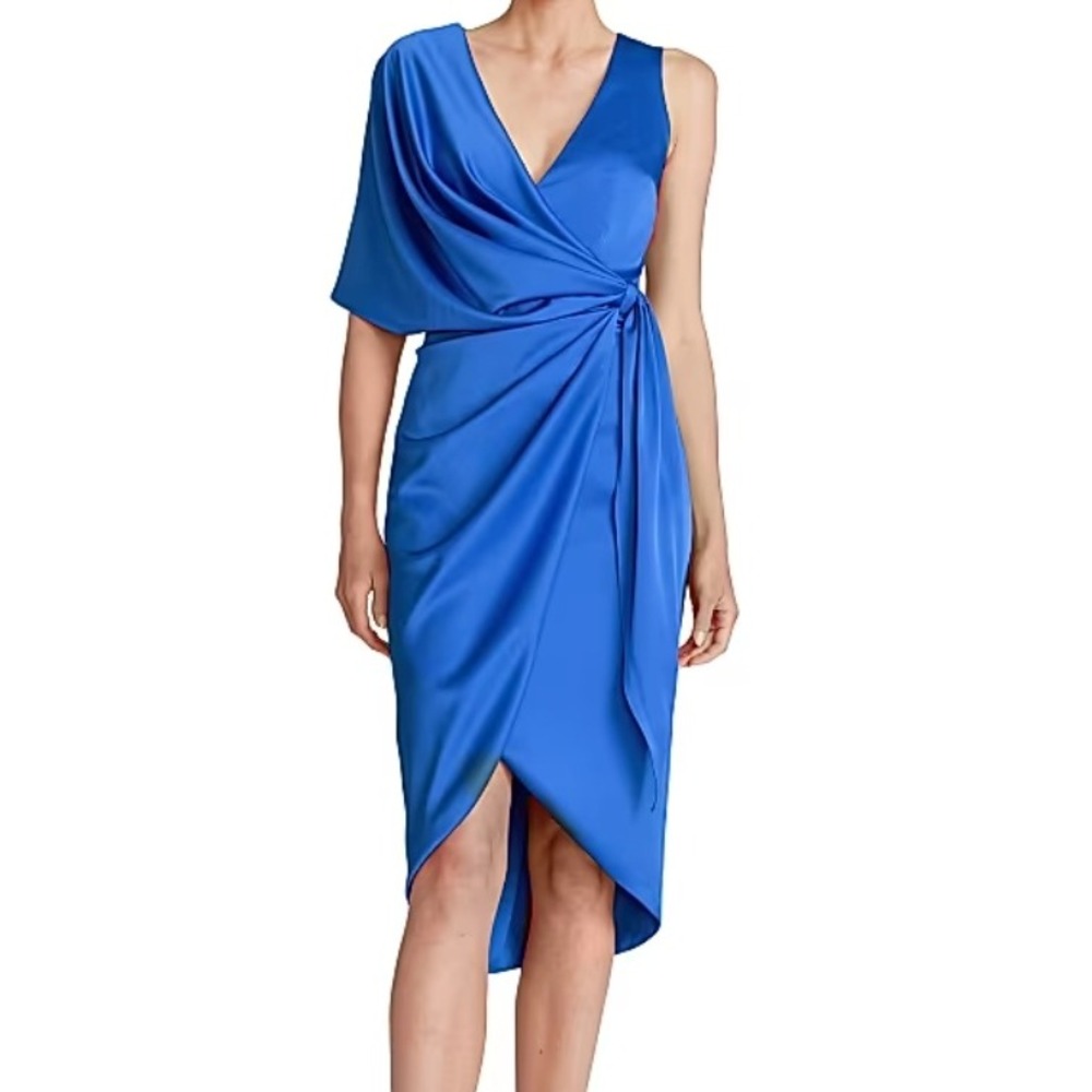 Theia Candace Satin One Sleeve Cocktail Dress in Azure Blue‎ sz 12